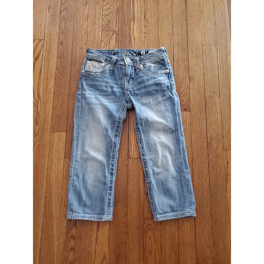 Miss Me Girls Medium‎ Wash Rhinestone Embellished Capri Jeans JK5824P Size 14